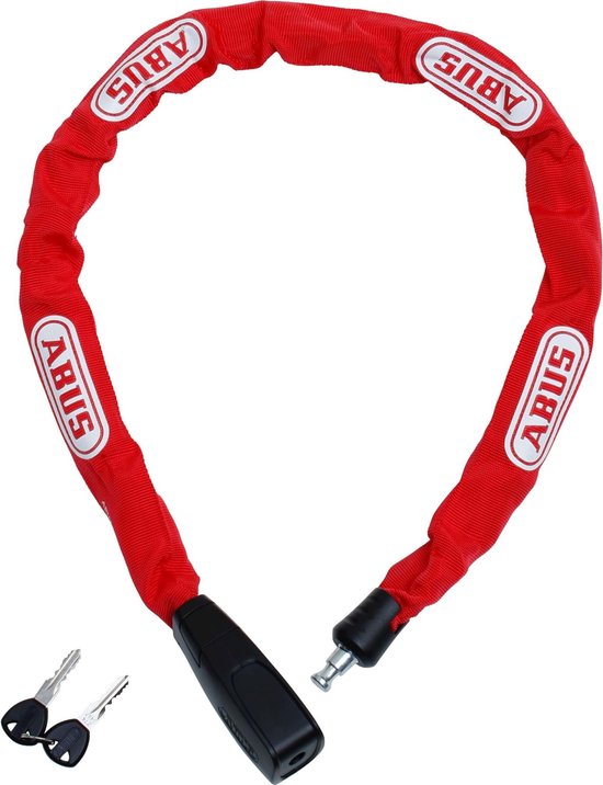 Rood ABUS kettingslot met witte 'ABUS' logo's en twee sleutels.