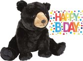 Pluche knuffel zwarte teddybeer knuffelbeer van 30 cm met A5-formaat Happy Birthday wenskaart