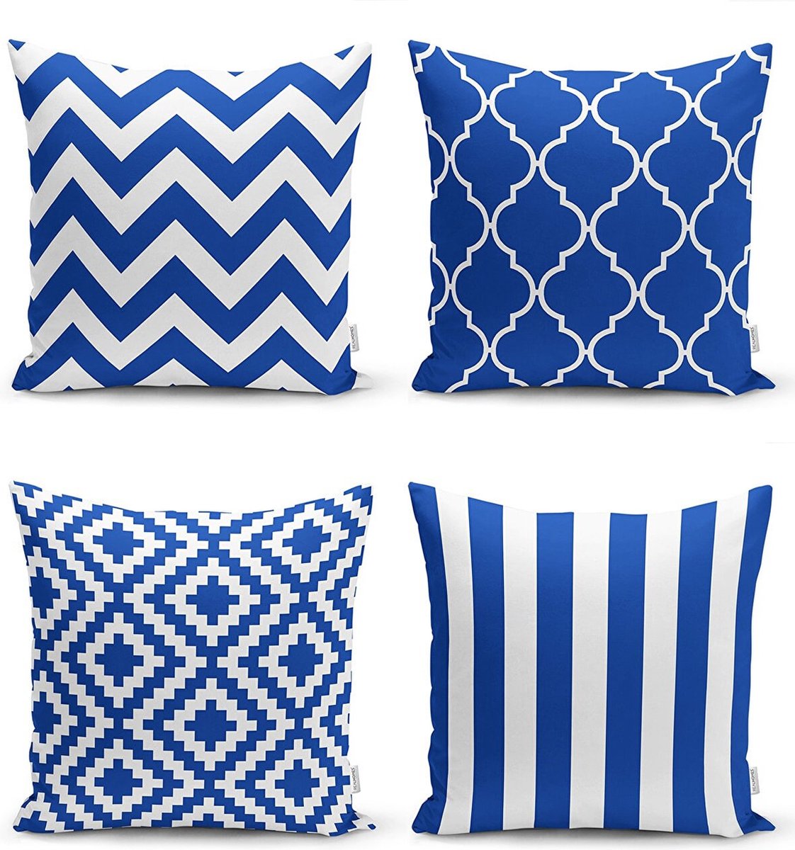 Sierkussens set 4 stuks - INCLUSIEF BINNENKUSSENS 45x45 cm - blauw - wit - dubbelzijdig bedrukt - kussensloop - kussens woonkamer - kussenhoes