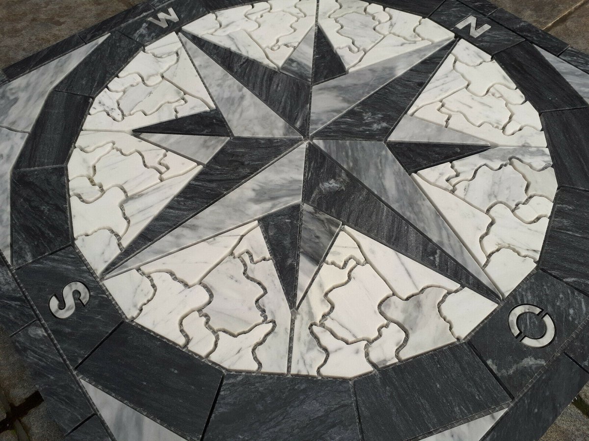 Mozaiek tegel - Marmer medallion windroos - 60 x 60 cm - antraciet grijs wit - 066 - Estile Mosaico