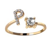 Ring Met Letter - Ring Met Steen - Letter Ring - Ring Letter - Initial Ring - (Zilver) Gold-Plated Letter P - Cadeautje voor haar