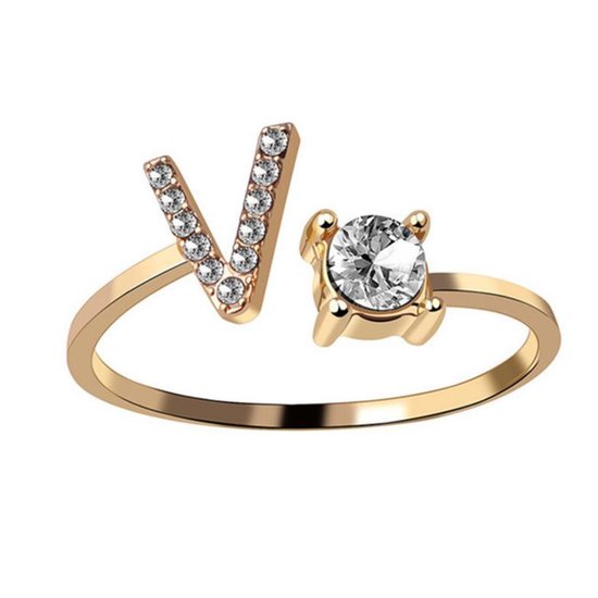 Ring Met Letter - Ring Met Steen - Letter Ring - Ring Letter - Initial Ring - (Zilver) Gold-Plated Letter V - Cadeautje voor haar