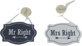 Deurhanger met tekst "Mr Right" en ''Mrs Right'' - Zwart / Wit - Hout - 20 x 13 cm - Set van 2 - Trouwen - Married - Hanger - Hal accessoire - Accessoire