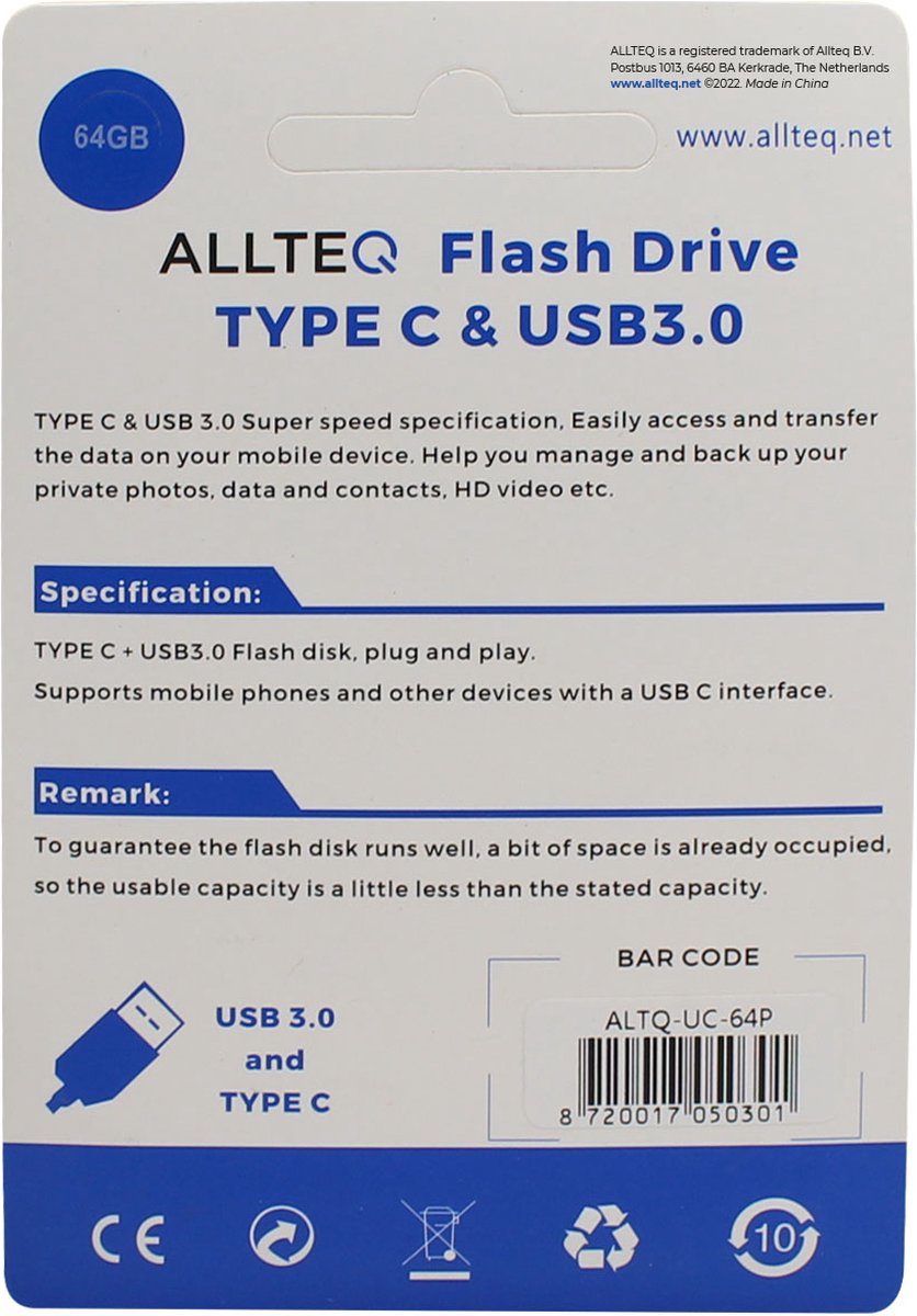 Clé USB, Dual USB, USB C, 64 GB, Rose, Allteq