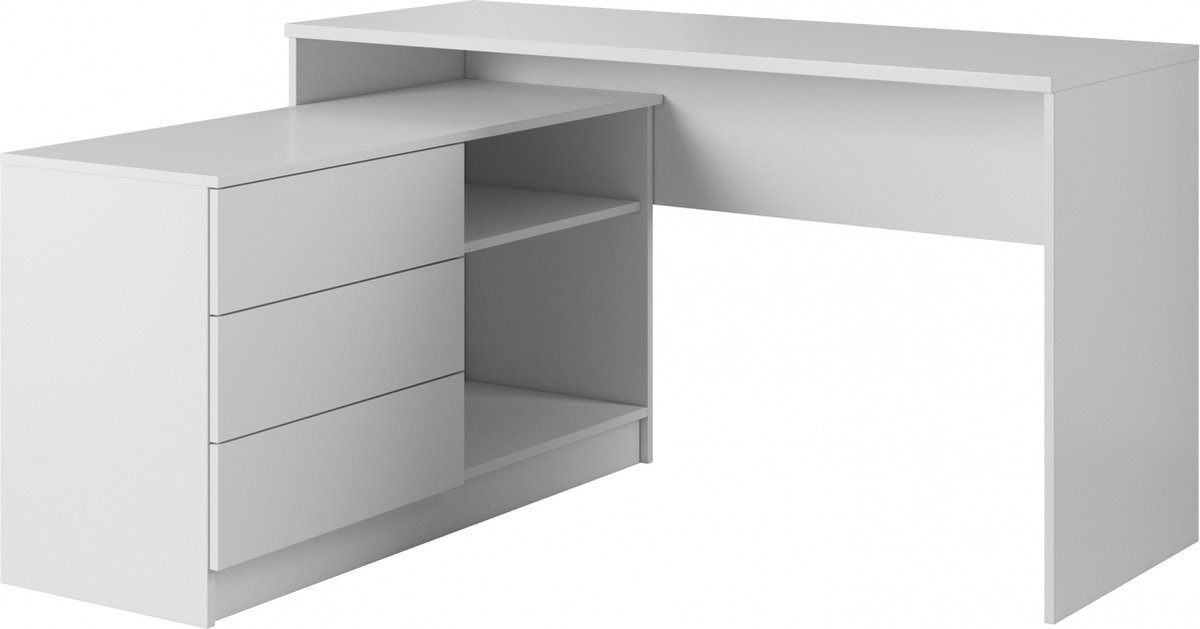 InspireMe- Modern bureau, tafel, hoektafel voor op kantoor, kinderkamer, spelletjes, computerbureau, werktafel - 3 laden - 2 planken - (138,2 cm - 76 cm - 50,4 cm) - WITO (wit)