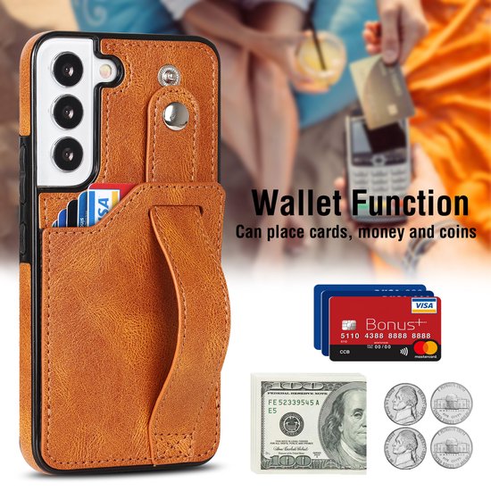 Coque Samsung Galaxy S22 Plus | Couverture verso | Étui en cuir | Porte-cartes | Brun cognac