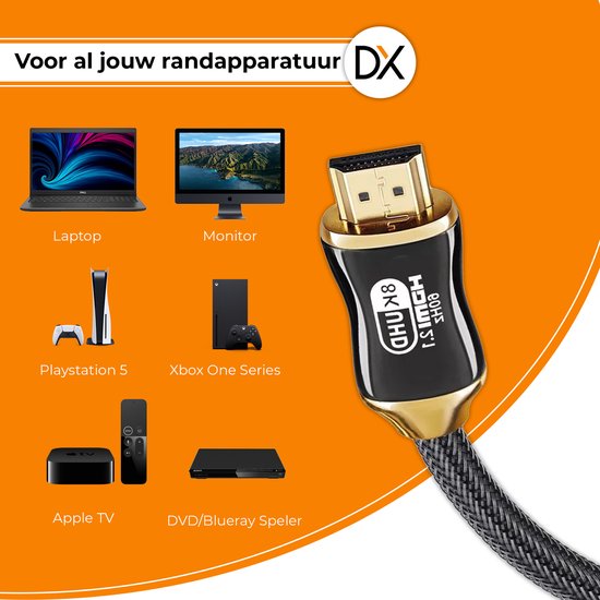 Douxe HDMI Kabel 2.1 - 4K Ultra High Speed (120hz) - HDMI Kabel 8K (60hz) - HDMI naar HDMI - 3 Meter - Douxe