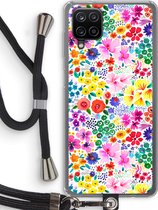Case Company® - Samsung Galaxy A12 hoesje met Koord - Little Flowers - Telefoonhoesje met Zwart Koord - Bescherming aan alle Kanten en Over de Schermrand