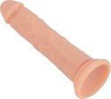 Beige dildo met gerimpelde schacht, platte basis en een opening aan het uiteinde.