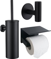 Toiletset Zwart 3-delig - Toiletaccessoireset - Toiletborstelhouder - Toiletborstel met Houder - Toiletrolhouder Met Plankje - Handdoekhaak - Badkamer Accessoires Zwart - Zonder Boren