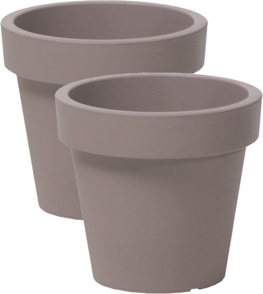 2x stuks basic plantenpot/bloempot kunststof dia 13.5 cm/hoogte 12 cm taupe voor binnen/buiten