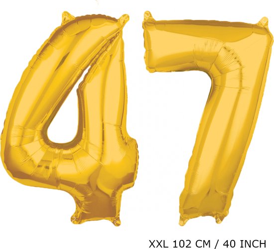 Mega grote XXL gouden folie ballon cijfer 47 jaar.  leeftijd verjaardag 47 jaar. 102 cm 40 inch. Met rietje om ballonnen mee op te blazen.