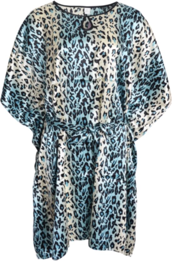 Dames satijn kaftan/tuniek met panterprint onesize 36-48 blauw