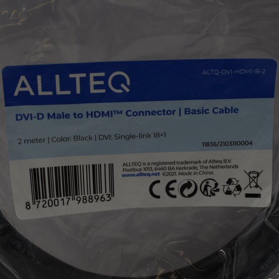 DVI-D naar HDMI kabel - 3.96 Gbps - Male to Male - 2 Meter - Zwart - Allteq - Allteq