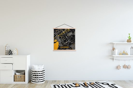 Posterhanger incl. Poster 40x40 cm - Schoolplaat - Aalsmeer - Black and Gold - Stadskaart - Plattegrond - Kaart - Textielposter - Blanke latten - Plattegrond