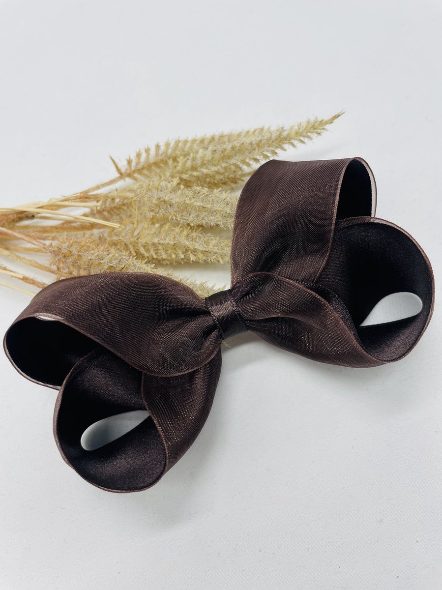 Organza XL haarstrik - Kleur Donker bruin - Haarstrik - Glanzende haarstrik - Bows and Flowers