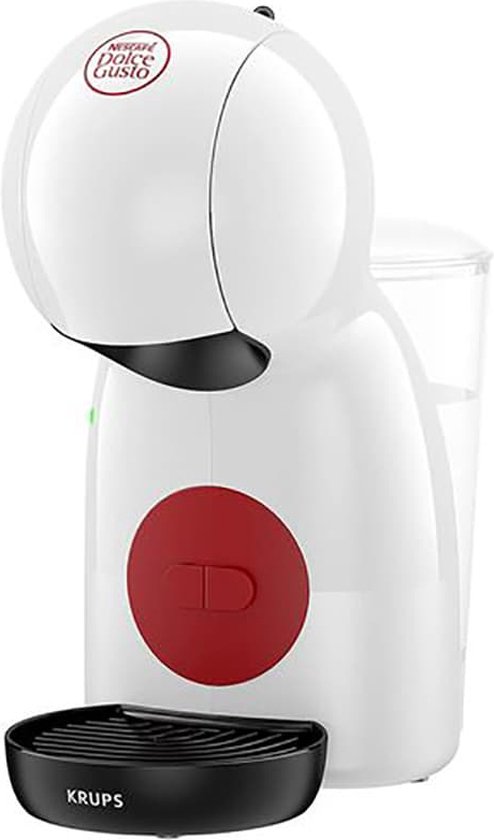 Witte Krups Piccolo XS koffiemachine met Nescafe Dolce Gusto logo en rood bedieningspaneel.