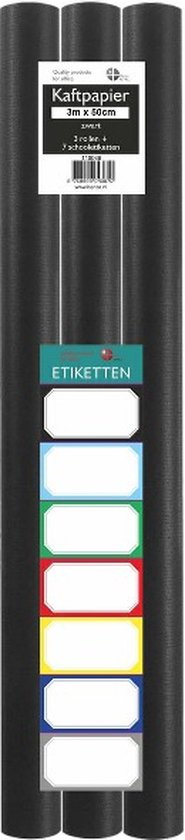 Drie rollen zwart kaftpapier met het label 'ETIKETTEN' en blanco labels in verschillende kleuren.