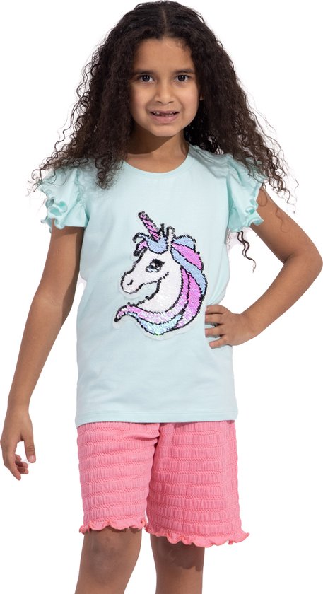 VANILLA - Unicorn meisjes pyjama - Pyjamasets - Tweedelig - Egyptisch katoen - Blauw - PJ515 - 6-7 jaar