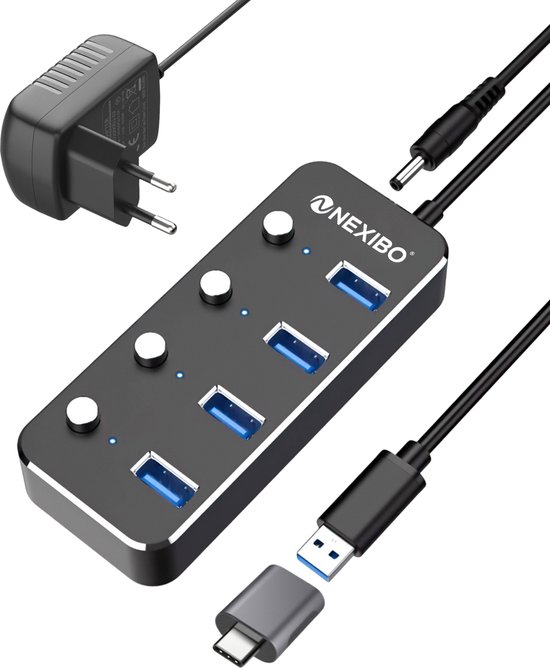 Nexibo USB 3.0 Hub met Voeding en USB-C Adapter - USB Splitter en Verdeler voor Laptop - 4 Poorten - 5Gbps - PS4