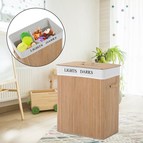 HOMCOM Panier à linge en bambou avec cloison 100L 52 x 32 x 63cm