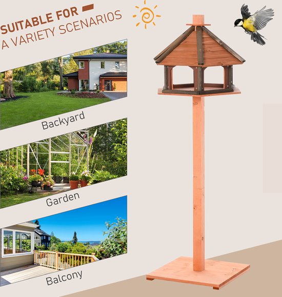 PawHut vogelhuisje houten vogelvilla vogelvoeder vogelstandaard tafel vogelhuisje speelstandaard met waterdicht dak voor buiten natuur 52 x 130 h cm