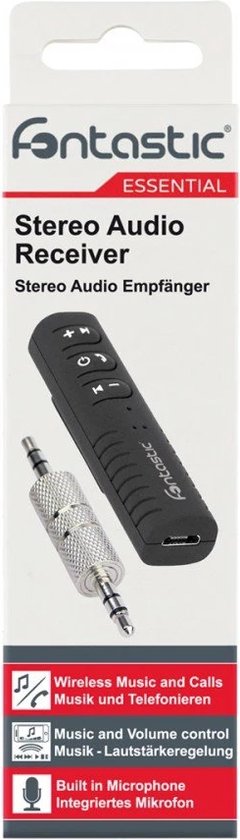 Fontastic Essential verpakking met zwarte Bluetooth ontvanger, 3.5mm jack adapter, en tekst.