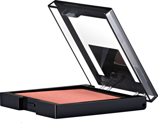 Zwarte verpakking van blush 'Fit Me', met deksel open, zichtbare roze blush.