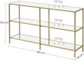 VASAGLE-consoletafel, gangeenheid, 3-laagse plank, gehard glas, 130 x 30 x 73 cm, metalen frame, moderne stijl, voor entree, woonkamer, slaapkamer, goud LGT024A01 - goud