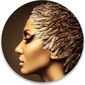 Wandcirkel Vrouw Met Gouden Veren Hoed | ⌀ 80 cm | Wanddecoratie | Muurcirkel Binnen | Forex | Ronde Schilderijen
