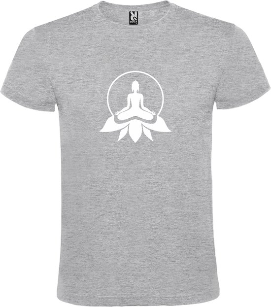 Grijs T shirt met print van " Boeddha in cirkel op lotusbloem " print Wit size XL