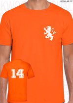 Johan Cruijff heren t-shirt - Oranje met wit - Maat XXL - Regular Fit - Korte mouwen - Ronde hals -  Legendarische nummer 14 - EK WK voetbal - Nederlands Elftal - Europees voetball