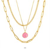 Twice As Nice Halsketting in goudkleurig edelstaal, 3 kettingen, ronde hanger, roze  44 cm+5 cm