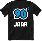 90 Jaar Feest kado T-Shirt Heren / Dames - Perfect Verjaardag Cadeau Shirt - Wit / Blauw - Maat L