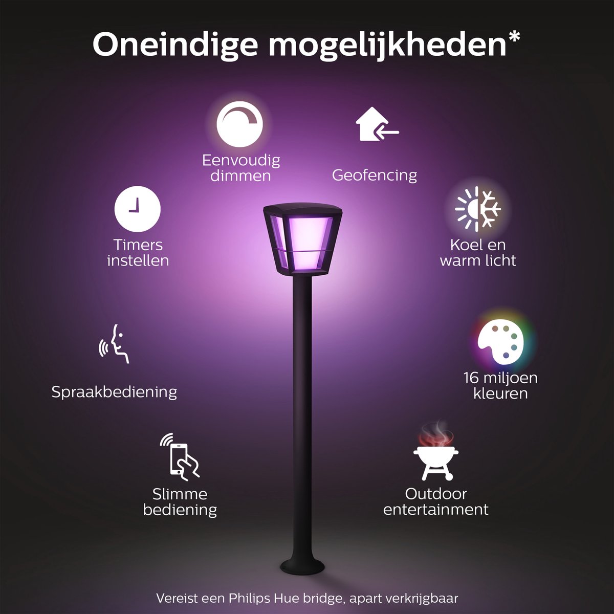 Philips Hue Econic sokkellamp - wit en gekleurd licht - zwart - hoog