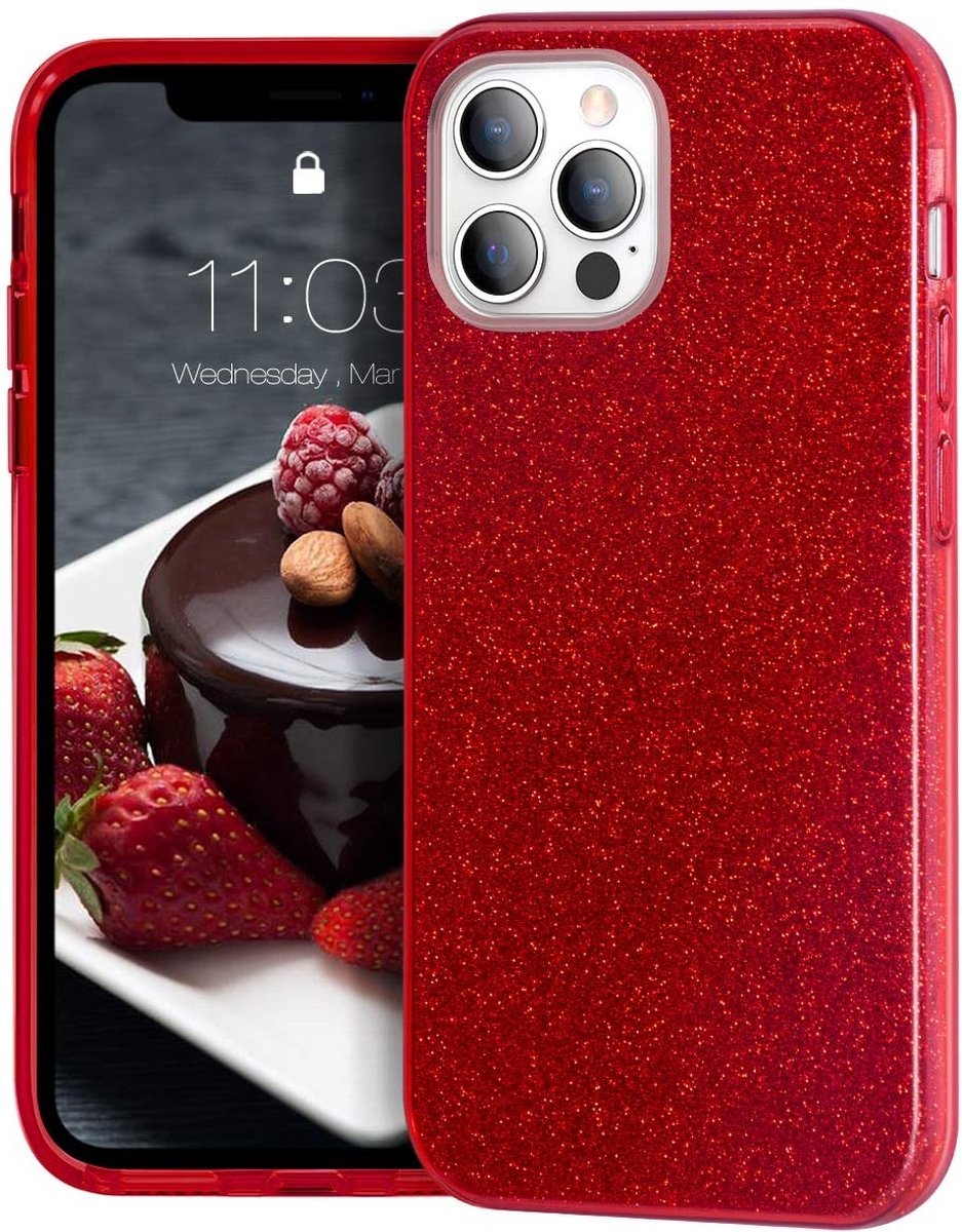 oTronica TPU Backcover Geschikt voor iPhone 13 Pro Max glitter hoesje - Rood