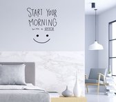 Stickerheld - Muursticker "Start your morning with a smile" Quote - Slaapkamer - inspirerend - Engelse Teksten - Mat Zwart - 49.1x41.3cm