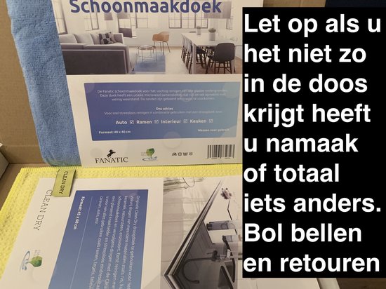 Blauwe microvezeldoek en verpakking met tekst "Schoonmaakdoek" en "Let op als u het niet zo in de doos krijgt heeft u namaak of totaal iets anders. Bel bellen en retouren".