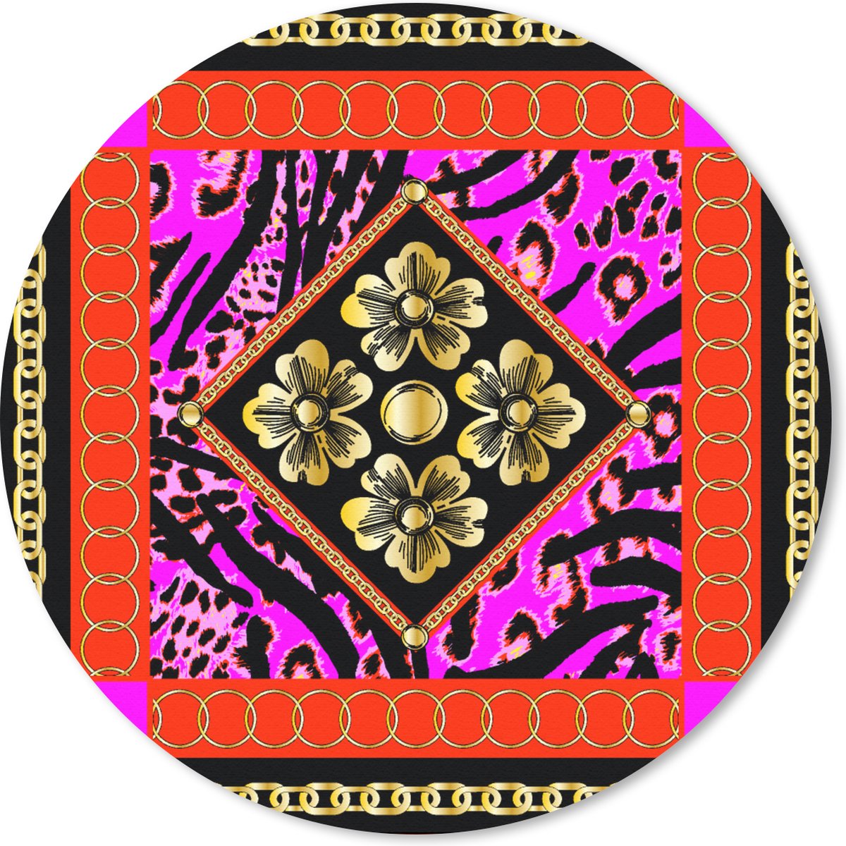 Muismat rond 30x30 cm - Mousepad Bloemen - Ketting - Panterprint - Goud - Patroon - Ronde muismatten