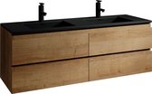 Badplaats de bain - Meuble de salle de bain Angela 140cm - Chêne - Meuble vasque monté avec soft close et double vasque noire