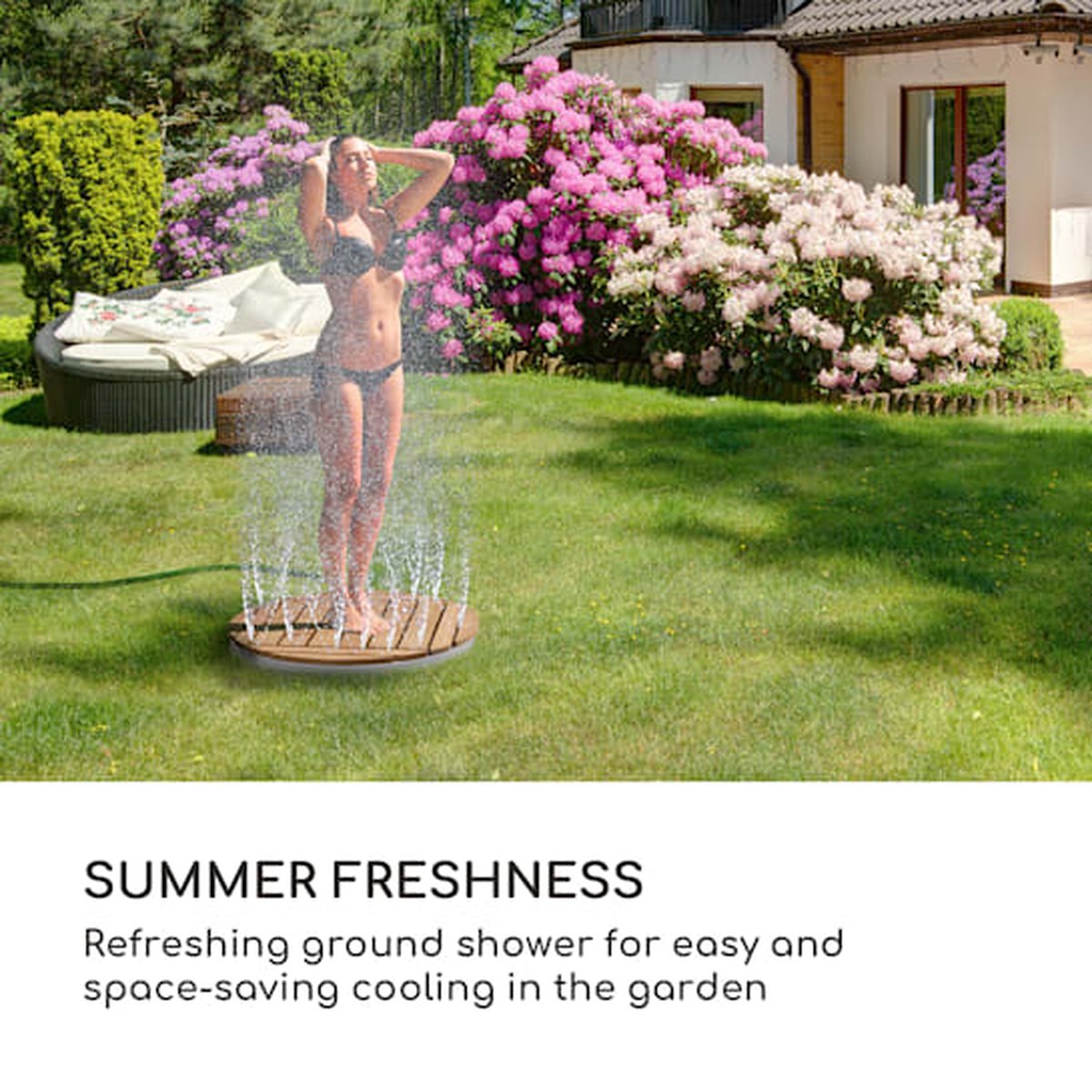Blumfeldt mobiele tuindouche, buitendouche voor de tuin, vloerdouche met 4m fonteinhoogte, vloertuindouche met houten look voor zwembad & sauna, buitendouche waterdicht, vorst- & UV-bestendig thumbnail 2