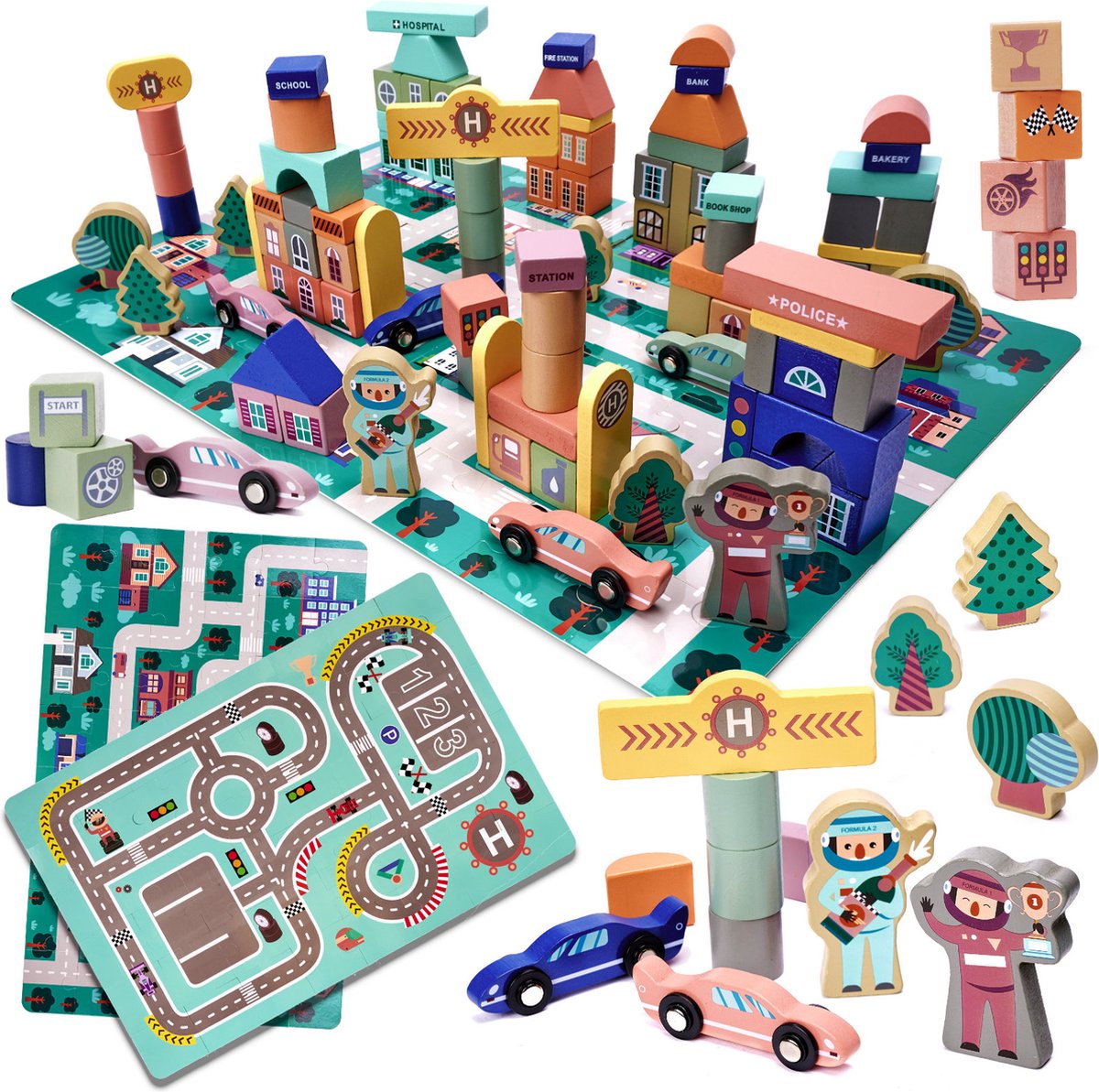 Blokken speelgoed met speelmat - Educatieve houten blokken - Speelgoed - 160 stuks - Blokken speelset - Ontwikkelingsspeelgoed - Stimuleert Motoriek en Creativiteit
