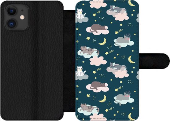 Telefoonhoesje Geschikt voor iPhone 12 Pro telefoonhoesje - Patronen - Kat - Maan - Jongens - Meisjes - Kinderen - Kind - Met vakjes - Wallet case met magneetsluiting