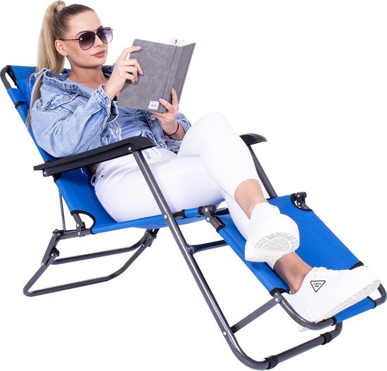 Springos Tuinstoel | Ligstoel | Ligbed | Verstelbaar | Inclusief Hoofdsteun | Lichtblauw