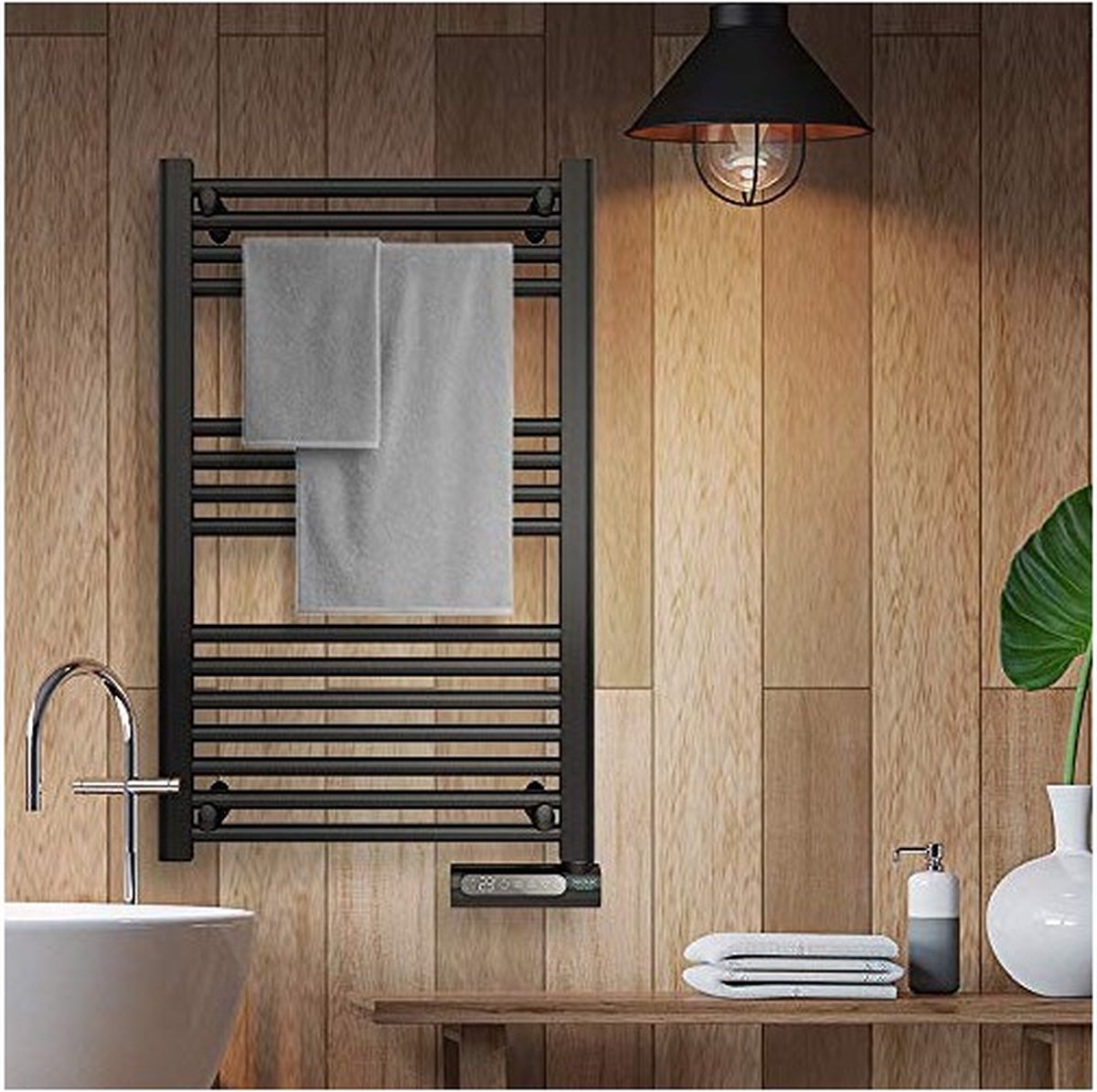 Elektrische Badkamerradiator Zwart 93W Intelligente WiFi met Timer 1-24H, 45-60°C, Handdoekradiator Elektrische 180° Rotatie Handdoekverwarmer Bekabelde Handdoekverwarmer