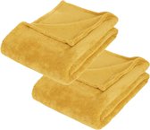 2x Stuks Fleece deken/fleeceplaid oker geel 125 x 150 cm polyester - Bankdeken - Fleece deken - Fleece plaid
