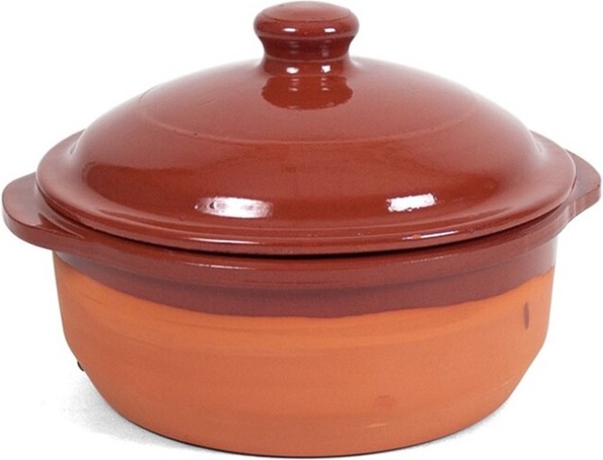 1x Stenen ovenschalen met deksel bruin 20 cm - Terracotta ovenschalen/braadpannen - pannetjes voor 1 persoon