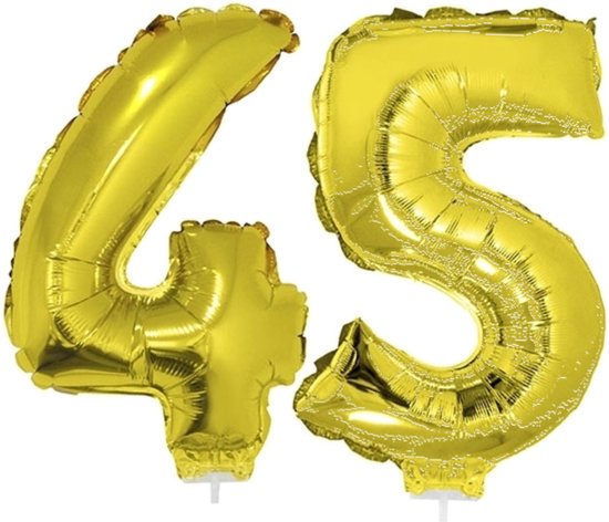 45 jaar leeftijd feestartikelen/versiering cijfers ballonnen op stokje van 41 cm - Combi van cijfer 45 in het goud
