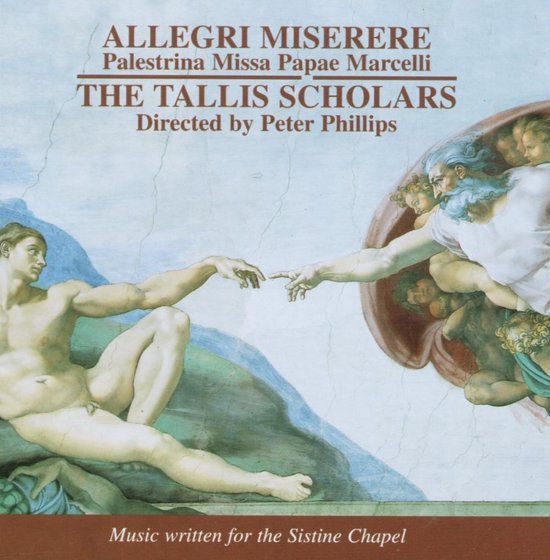 Albumcover met 'Allegri Miserere' van The Tallis Scholars en een weergave van de schepping van Adam.