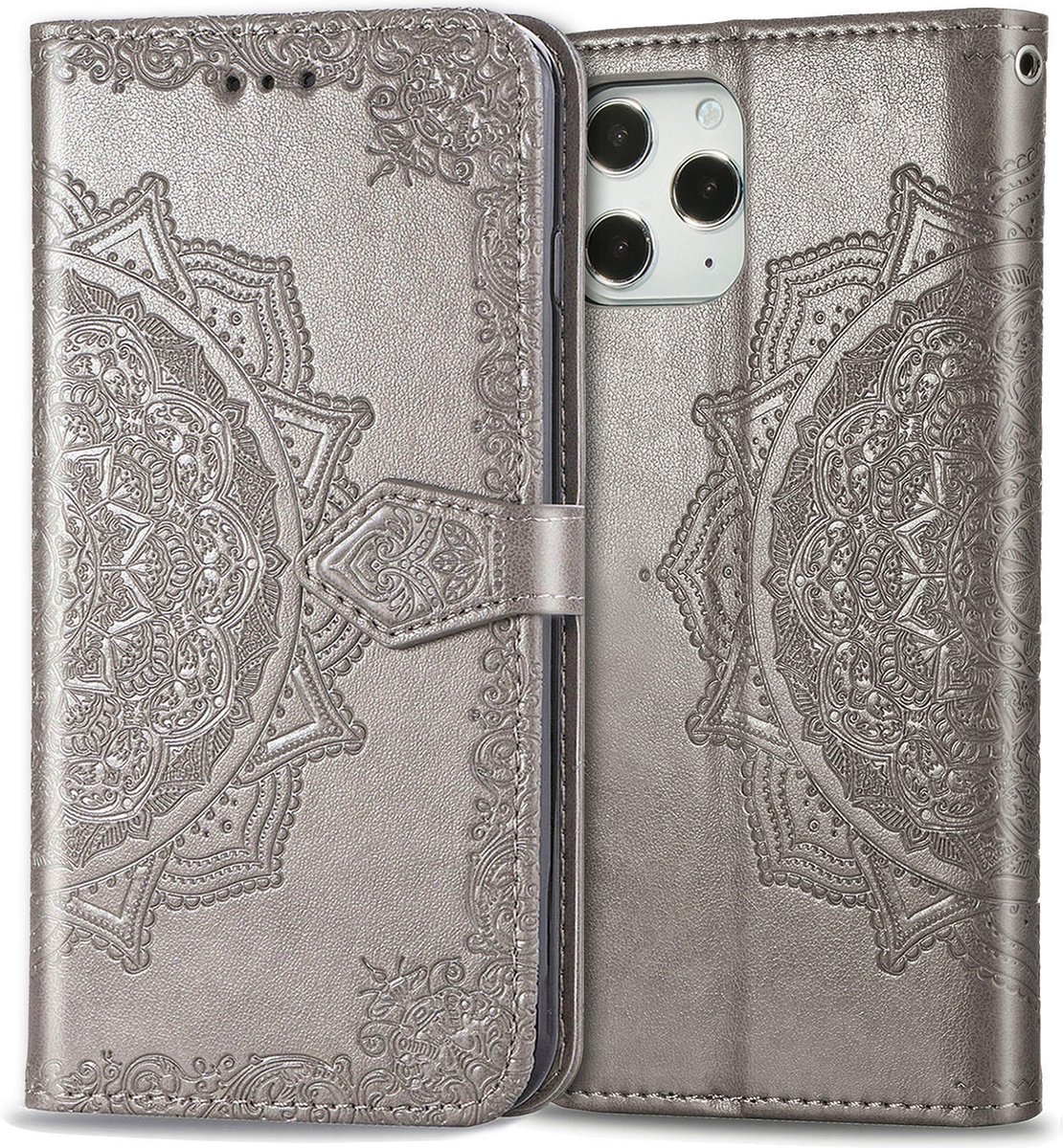 Bookcase geschikt voor Apple iPhone 12 Pro Max - Grijs - Bloemen - Portemonnee Hoesje